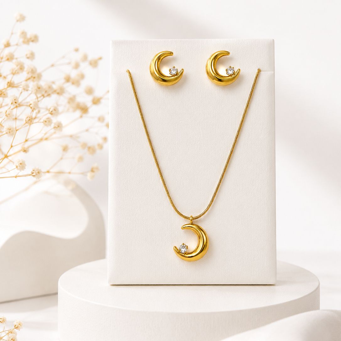 Moonlight Gold-Toned Crescent Moon Pendant Necklace & Stud Earrings Set Combo