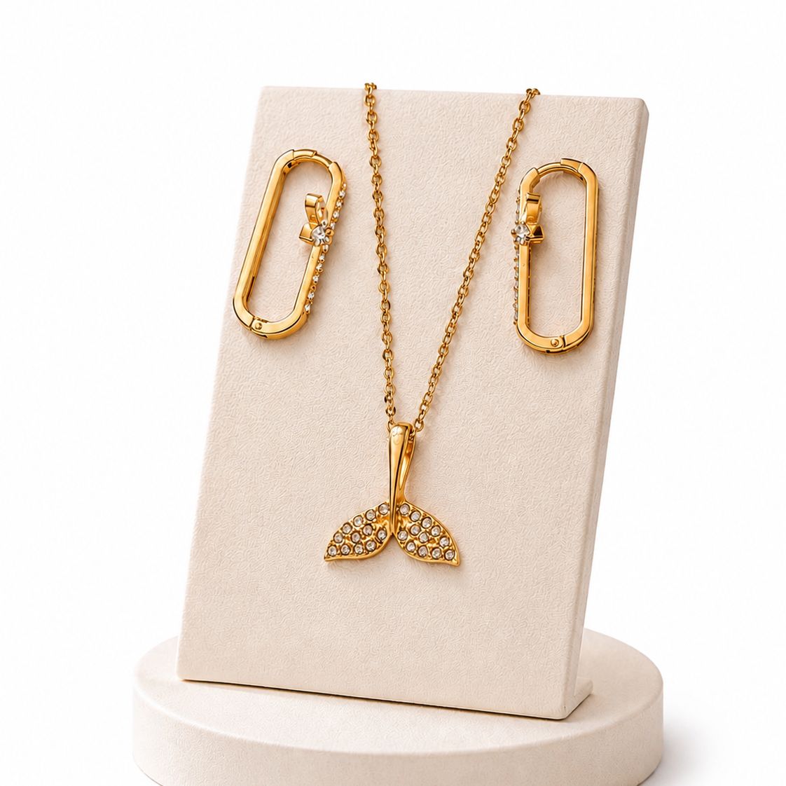 Elegant Gold-Toned Crystal Mermaid Tail Pendant Necklace & Geometric Hoop Earrings Set combo