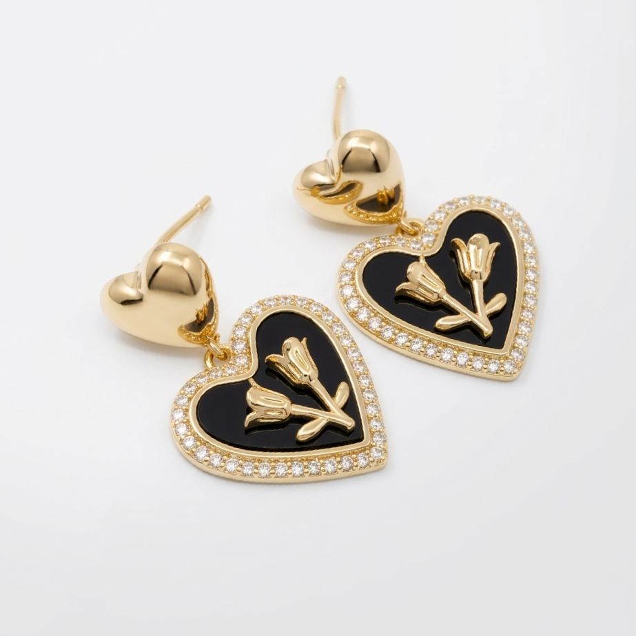 Black Onyx Heart Floral Earrings