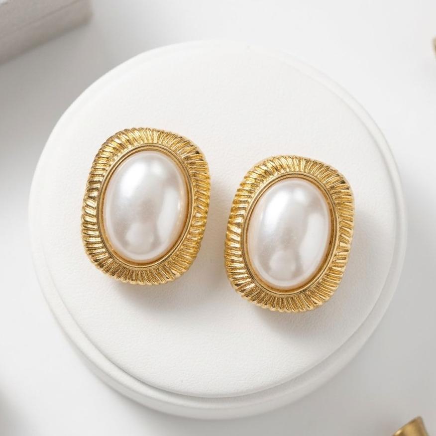 Elliptical Faux Pearl Stud Earrings