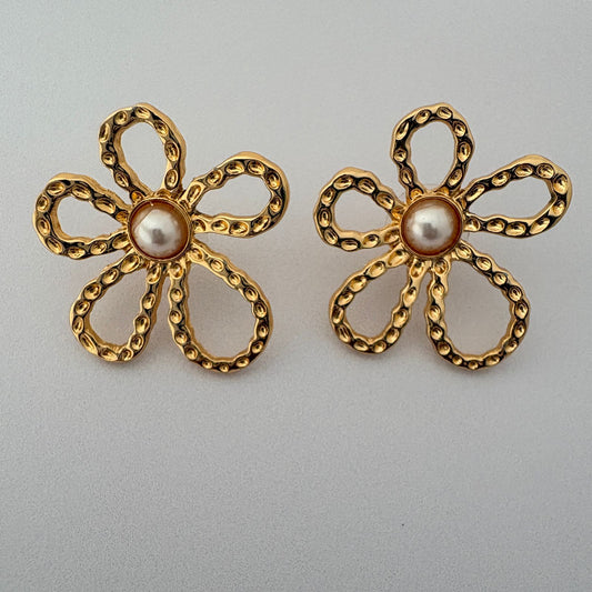 Golden Bloom Pearl Stud Earrings